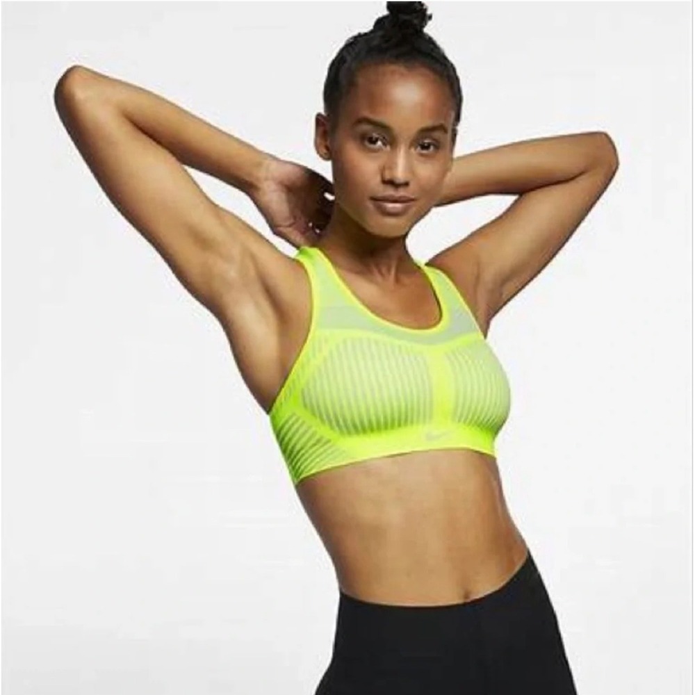 Nike Womens Volt Neon Yellow Gray Flyknit High Support Sports Bra XS AJ0844-702